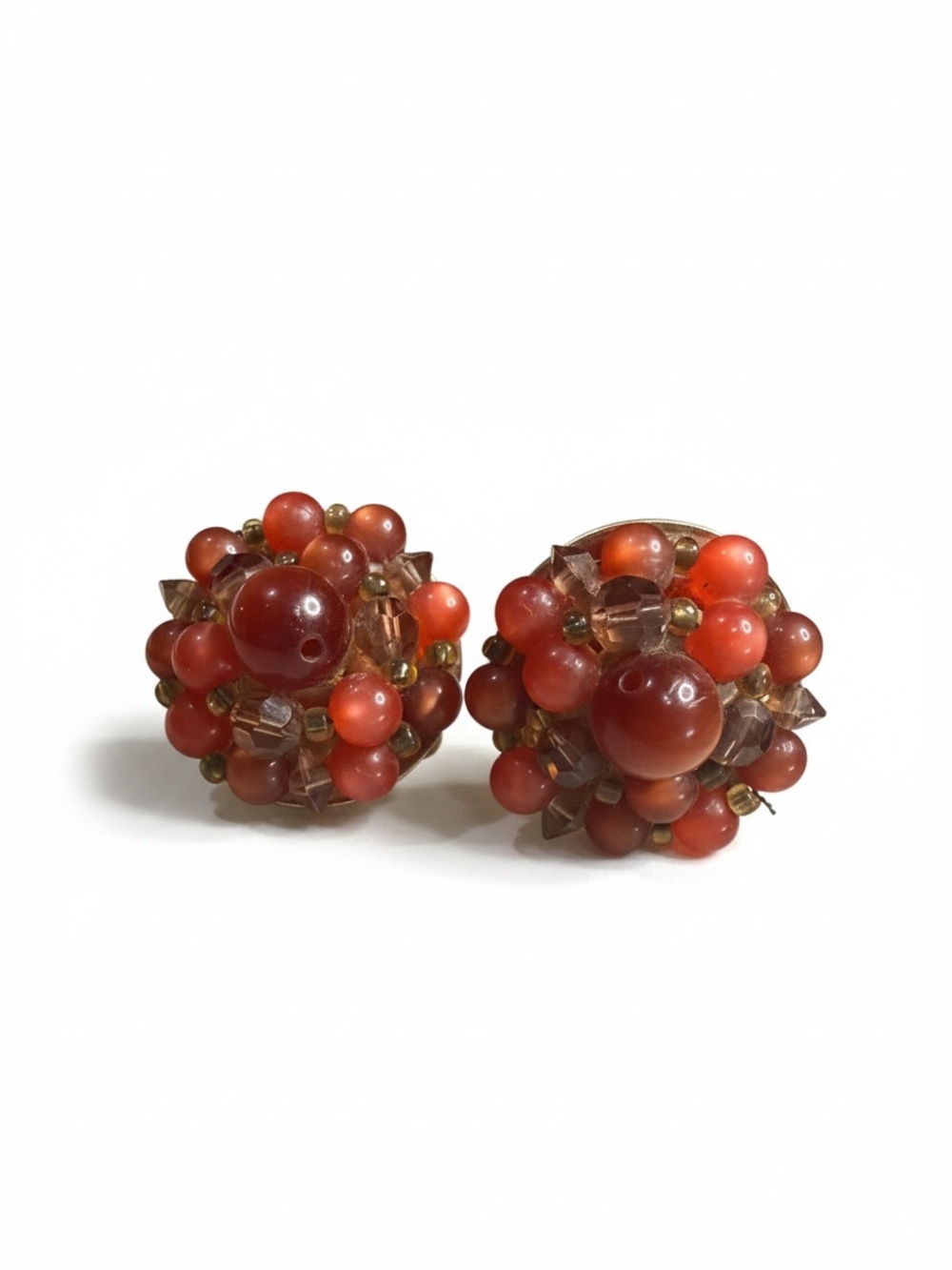 Vintage Lisner Carnelian Orange Beaded Cluster Clip Earrings